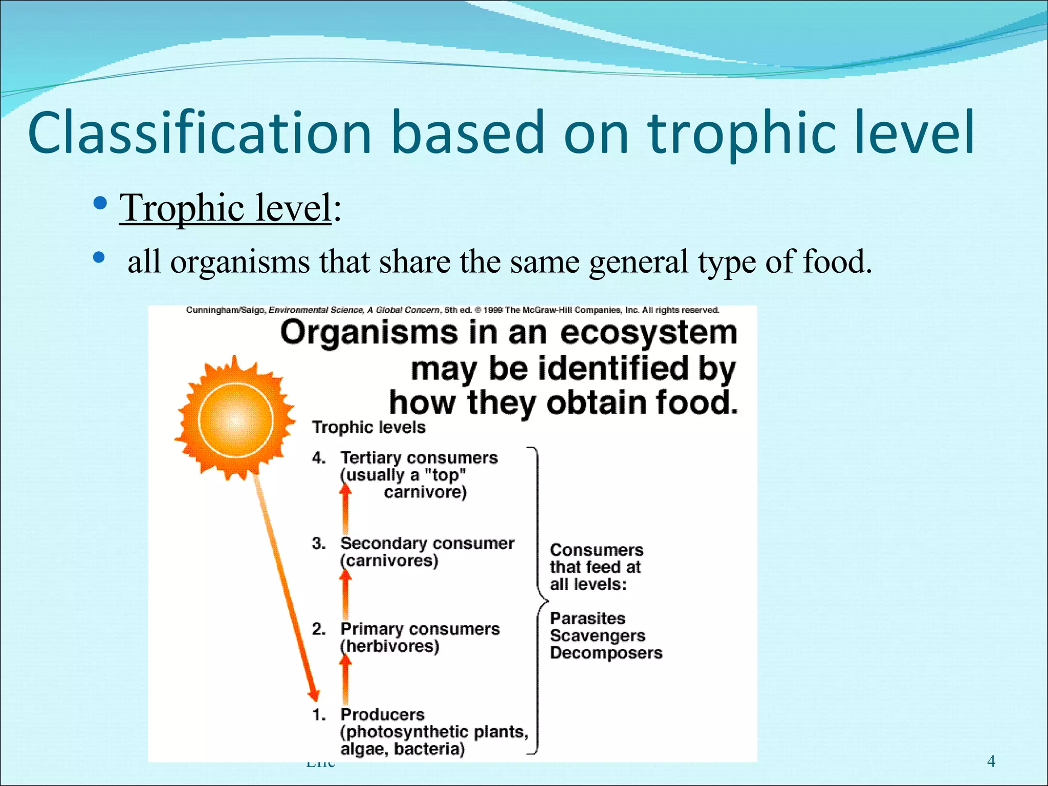 Classification based on trophic level  Trophic level :  all organisms that share the same general type of food. Unit 2:  Ecology 1:  Principles of Matter, Energy and LIfe 