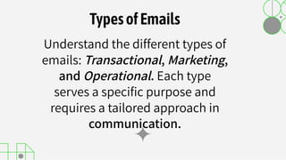 Understand the different types of
emails: Transactional, Marketing,
and Operational. Each type
serves a speciﬁc purpose and
requires a tailored approach in
communication.
TypesofEmails
 