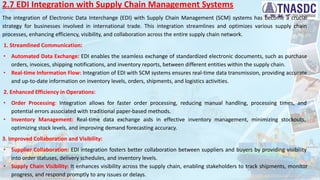 2.7 EDI Integration with Supply Chain Management Systems
The integration of Electronic Data Interchange (EDI) with Supply Chain Management (SCM) systems has become a crucial
strategy for businesses involved in international trade. This integration streamlines and optimizes various supply chain
processes, enhancing efficiency, visibility, and collaboration across the entire supply chain network.
1. Streamlined Communication:
∙ Automated Data Exchange: EDI enables the seamless exchange of standardized electronic documents, such as purchase
orders, invoices, shipping notifications, and inventory reports, between different entities within the supply chain.
∙ Real-time Information Flow: Integration of EDI with SCM systems ensures real-time data transmission, providing accurate
and up-to-date information on inventory levels, orders, shipments, and logistics activities.
2. Enhanced Efficiency in Operations:
∙ Order Processing: Integration allows for faster order processing, reducing manual handling, processing times, and
potential errors associated with traditional paper-based methods.
∙ Inventory Management: Real-time data exchange aids in effective inventory management, minimizing stockouts,
optimizing stock levels, and improving demand forecasting accuracy.
3. Improved Collaboration and Visibility:
∙ Supplier Collaboration: EDI integration fosters better collaboration between suppliers and buyers by providing visibility
into order statuses, delivery schedules, and inventory levels.
∙ Supply Chain Visibility: It enhances visibility across the supply chain, enabling stakeholders to track shipments, monitor
progress, and respond promptly to any issues or delays.
 