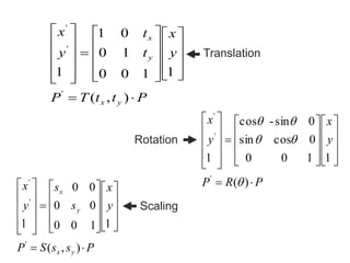 PttTP
y
x
t
t
y
x
yx
y
x
































),(
1100
10
01
1
'
'
'
PRP
y
x
y
x
































)(
1100
0cossin
0sin-cos
1
'
'
'



PssSP
y
x
s
s
y
x
yx
y
x
































),(
1100
00
00
1
'
'
'
Translation
Rotation
Scaling
 