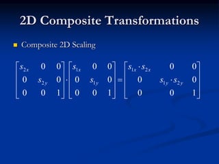 2D Composite Transformations
 Composite 2D Scaling


































100
00
00
100
00
00
100
00
00
21
21
1
1
2
2
yy
xx
y
x
y
x
ss
ss
s
s
s
s
 