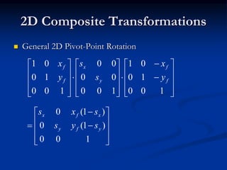2D Composite Transformations
 General 2D Pivot-Point Rotation


































100
10
01
100
00
00
100
10
01
f
f
y
x
f
f
y
x
s
s
y
x













100
)1(0
)1(0
yfy
xfx
sys
sxs
 