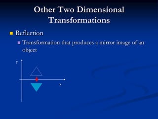 Other Two Dimensional
Transformations
 Reflection
 Transformation that produces a mirror image of an
object
y
x
 