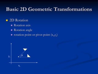 Basic 2D Geometric Transformations
 2D Rotation
 Rotation axis
 Rotation angle
 rotation point or pivot point (xr,yr)
yr
xr
θ
 