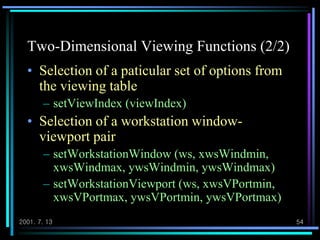 2001. 7. 13 54
Two-Dimensional Viewing Functions (2/2)
• Selection of a paticular set of options from
the viewing table
– setViewIndex (viewIndex)
• Selection of a workstation window-
viewport pair
– setWorkstationWindow (ws, xwsWindmin,
xwsWindmax, ywsWindmin, ywsWindmax)
– setWorkstationViewport (ws, xwsVPortmin,
xwsVPortmax, ywsVPortmin, ywsVPortmax)
 