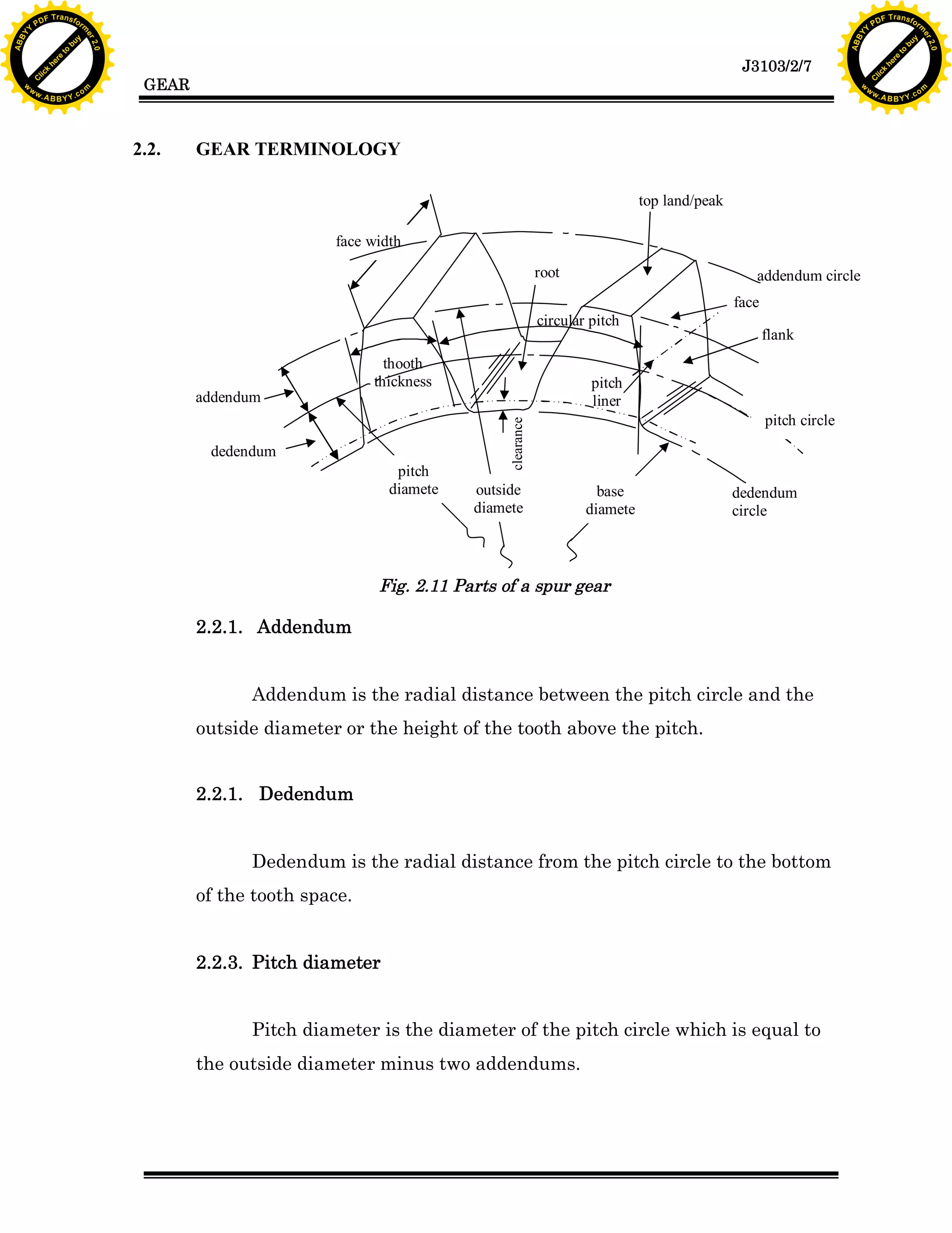 Y

F T ra n sf o

2.2.

re

to

bu

y

rm

he
k
lic
C

GEAR

w

GEAR TERMINOLOGY
top land/peak

Fig.
face width 2
root

addendum circle
face

circular pitch

addendum

thooth
thickness

dedendum
pitch
diamete

flank

pitch
liner
pitch circle

clearance

A B B Y Y.c

PD

ABB

to
re
he

J3103/2/7

k
lic
C
w.

om

w

w

w

Y

2.0

2.0

bu

y

rm

er

Y

F T ra n sf o

ABB

PD

er

Y

outside
diamete

base
diamete

dedendum
circle

Fig. 2.11 Parts of a spur gear

2.2.1. Addendum
Addendum is the radial distance between the pitch circle and the
outside diameter or the height of the tooth above the pitch.
2.2.1. Dedendum
Dedendum is the radial distance from the pitch circle to the bottom
of the tooth space.
2.2.3. Pitch diameter
Pitch diameter is the diameter of the pitch circle which is equal to
the outside diameter minus two addendums.

w.

A B B Y Y.c

om

 