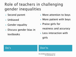Do’s Don’ts
 Second parent
 Unbiased
 Gender equality
 Discuss gender bias in
textbooks
 More attention to boys
 More patient with boys
 Praise girls for
neatness and accuracy
 Less interaction with
girls
Mrs.M.AMALA JANSI,Asst.prof.of
CS ,LCE,Chennai-34
 