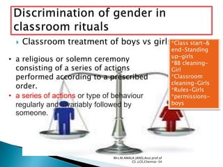  Classroom treatment of boys vs girls
• a religious or solemn ceremony
consisting of a series of actions
performed according to a prescribed
order.
• a series of actions or type of behaviour
regularly and invariably followed by
someone.
Mrs.M.AMALA JANSI,Asst.prof.of
CS ,LCE,Chennai-34
*Class start-&
end-Standing
up-girls
*BB cleaning-
Girl
*Classroom
cleaning-Girls
*Rules-Girls
*permissions-
boys
 