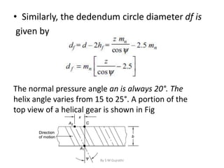 • Similarly, the dedendum circle diameter df is
given by
The normal pressure angle an is always 20°. The
helix angle varies from 15 to 25°. A portion of the
top view of a helical gear is shown in Fig
By S M Gujrathi
 