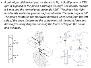 • A pair of parallel helical gears is shown in Fig. A 5 kW power at 720
rpm is supplied to the pinion A through its shaft. The normal module
is 5 mm and the normal pressure angle is20°. The pinion has right-
hand teeth, while the gear has left-hand teeth. The helix angle is 30°.
The pinion rotates in the clockwise direction when seen from the left
side of the page. Determine the components of the tooth force and
draw a free-body diagram showing the forces acting on the pinion
and the gear.
By S M Gujrathi
 