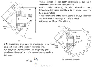 Cross section of the tooth decreases in size as it
approaches towards the apex point O
Pitch circle diameter, module, addendum, and
dedendum decreases and there is no single value for
these parameters
The dimensions of the bevel gear are always specified
and measured at the large end of the tooth
Observe ha, hf and D in a figure.
An imaginary spur gear is considered in a plane
perpendicular to the tooth at the large end.
rb is the pitch circle radius of this imaginary spur
gear(formative gear) and z’ is the number of teeth on
this gear.
By S M Gujrathi
 