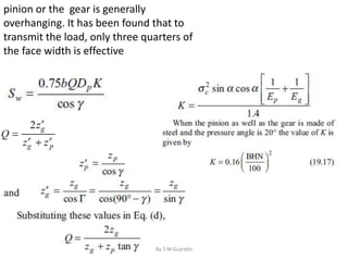 pinion or the gear is generally
overhanging. It has been found that to
transmit the load, only three quarters of
the face width is effective
By S M Gujrathi
 
