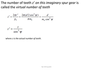 The number of teeth z’ on this imaginary spur gear is
called the virtual number of teeth
where z is the actual number of teeth.
By S M Gujrathi
 