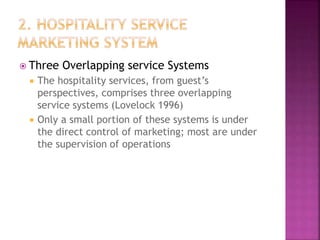  Three Overlapping service Systems
 The hospitality services, from guest’s
perspectives, comprises three overlapping
service systems (Lovelock 1996)
 Only a small portion of these systems is under
the direct control of marketing; most are under
the supervision of operations
 
