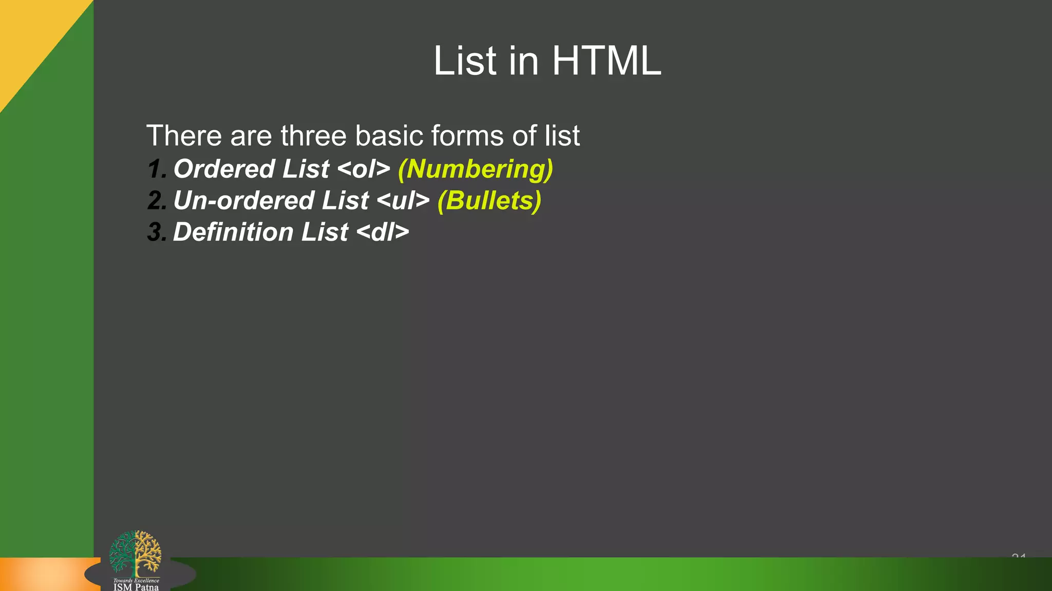 List in HTML
31
There are three basic forms of list
1. Ordered List <ol> (Numbering)
2. Un-ordered List <ul> (Bullets)
3. Definition List <dl>
 