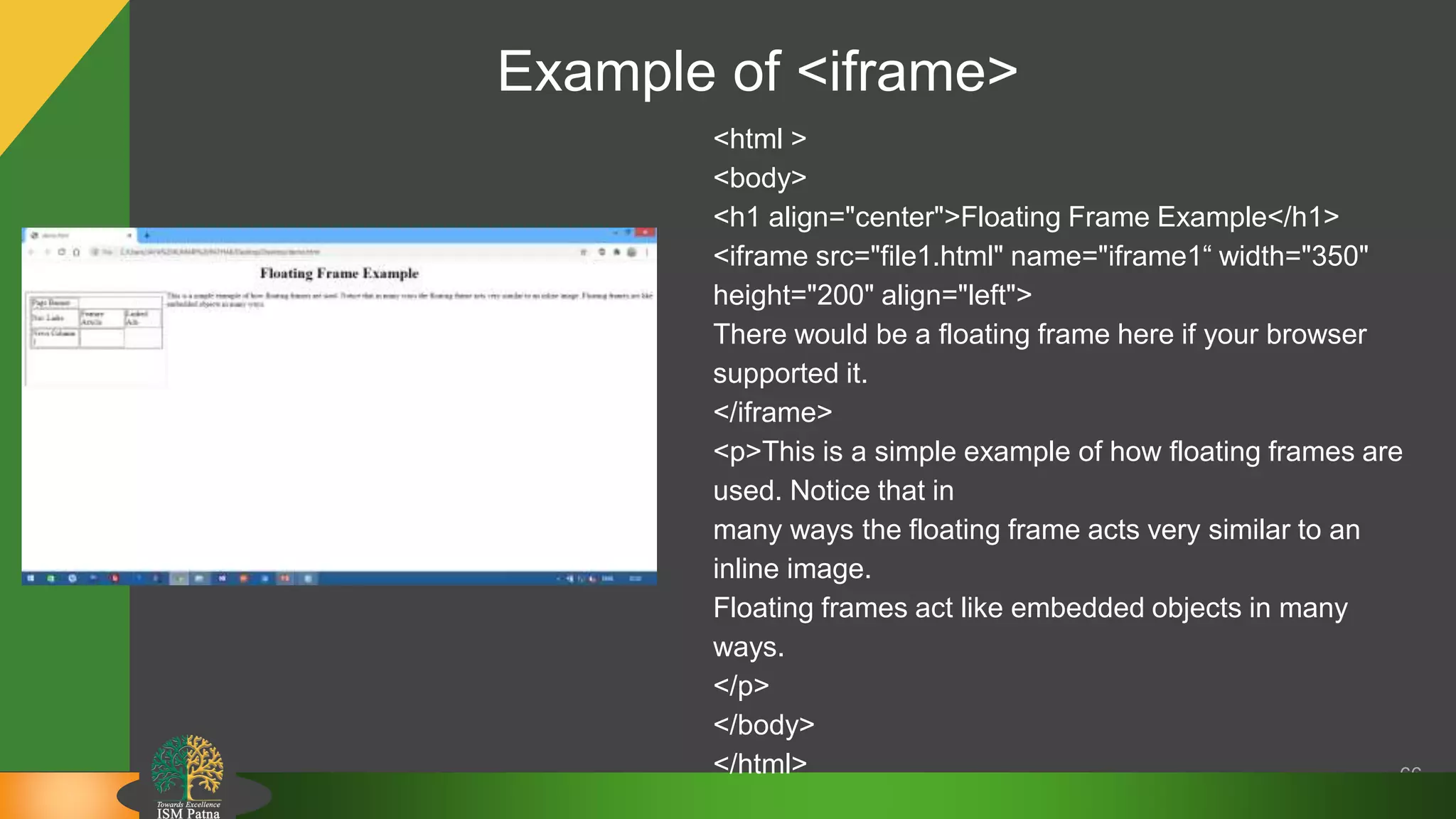 66
<html >
<body>
<h1 align="center">Floating Frame Example</h1>
<iframe src="file1.html" name="iframe1“ width="350"
height="200" align="left">
There would be a floating frame here if your browser
supported it.
</iframe>
<p>This is a simple example of how floating frames are
used. Notice that in
many ways the floating frame acts very similar to an
inline image.
Floating frames act like embedded objects in many
ways.
</p>
</body>
</html>
Example of <iframe>
 