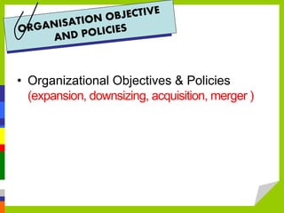 • Organizational Objectives & Policies
(expansion, downsizing, acquisition, merger )
 