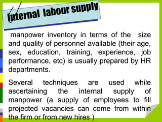 manpower inventory in terms of the size
and quality of personnel available (their age,
sex, education, training, experience, job
performance, etc) is usually prepared by HR
departments.
Several techniques are used while
ascertaining the internal supply of
manpower (a supply of employees to fill
projected vacancies can come from within
the firm or from new hires )
 