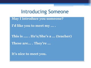 Introducing Someone
May I introduce you someone?
I’d like you to meet my ... .
This is .... . He’s/She’s a ... (teacher)
These are... . They’re ...
It’s nice to meet you.
 