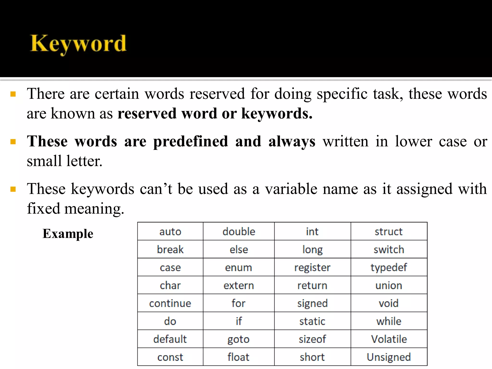  There are certain words reserved for doing specific task, these words
are known as reserved word or keywords.
 These words are predefined and always written in lower case or
small letter.
 These keywords can’t be used as a variable name as it assigned with
fixed meaning.
Example
 