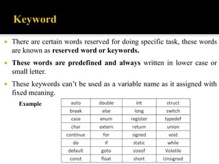  There are certain words reserved for doing specific task, these words
are known as reserved word or keywords.
 These words are predefined and always written in lower case or
small letter.
 These keywords can’t be used as a variable name as it assigned with
fixed meaning.
Example
 