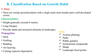 B. Classification Based on Growth Habit
1. Trees
• Trees are woody perennial plants with a single main stem (trunk) and a well-developed
crown.
Characteristics:
• Height generally exceeds 6 meters.
• Long lifespan.
• Provide shade and structural elements in landscapes.
Propagation
• Seed
• Grafting
• Budding
• Air layering
• Cuttings (species dependent)
Uses:
 Avenue planting
 Parks
 Public gardens
 Institutional compounds
 Shade
 Landscape focal points
 