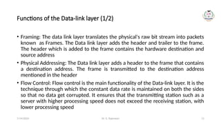 Dr. G. Rajeswari 11
Functions of the Data-link layer (1/2)
• Framing: The data link layer translates the physical's raw bit stream into packets
known as Frames. The Data link layer adds the header and trailer to the frame.
The header which is added to the frame contains the hardware destination and
source address
• Physical Addressing: The Data link layer adds a header to the frame that contains
a destination address. The frame is transmitted to the destination address
mentioned in the header
• Flow Control: Flow control is the main functionality of the Data-link layer. It is the
technique through which the constant data rate is maintained on both the sides
so that no data get corrupted. It ensures that the transmitting station such as a
server with higher processing speed does not exceed the receiving station, with
lower processing speed
7/14/2024
 
