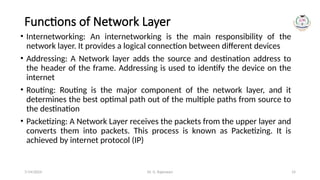 Dr. G. Rajeswari 14
Functions of Network Layer
• Internetworking: An internetworking is the main responsibility of the
network layer. It provides a logical connection between different devices
• Addressing: A Network layer adds the source and destination address to
the header of the frame. Addressing is used to identify the device on the
internet
• Routing: Routing is the major component of the network layer, and it
determines the best optimal path out of the multiple paths from source to
the destination
• Packetizing: A Network Layer receives the packets from the upper layer and
converts them into packets. This process is known as Packetizing. It is
achieved by internet protocol (IP)
7/14/2024
 