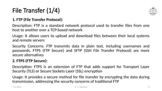 Dr. G. Rajeswari 72
File Transfer (1/4)
1. FTP (File Transfer Protocol):
Description: FTP is a standard network protocol used to transfer files from one
host to another over a TCP-based network
Usage: It allows users to upload and download files between their local systems
and remote servers
Security Concerns: FTP transmits data in plain text, including usernames and
passwords. FTPS (FTP Secure) and SFTP (SSH File Transfer Protocol) are more
secure alternatives
2. FTPS (FTP Secure):
Description: FTPS is an extension of FTP that adds support for Transport Layer
Security (TLS) or Secure Sockets Layer (SSL) encryption
Usage: It provides a secure method for file transfer by encrypting the data during
transmission, addressing the security concerns of traditional FTP
7/14/2024
 