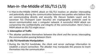 Dr. G. Rajeswari 82
Man-in- the-Middle of SSL/TLS (1/3)
• A Man-in-the-Middle (MitM) attack on SSL/TLS involves an attacker intercepting
and potentially altering the communication between two parties who believe they
are communicating directly and securely. SSL (Secure Sockets Layer) and its
successor TLS (Transport Layer Security) are cryptographic protocols used to
secure communication over a computer network. A successful MitM attack can
compromise the confidentiality and integrity of the communication. Here's how a
MitM attack on SSL/TLS might occur:
1. Interception of Traffic:
• The attacker positions themselves between the client and the server, intercepting
the communication passing between them
2. SSL/TLS Handshake Manipulation:
• During the SSL/TLS handshake, the client and server exchange information to
establish a secure connection. The attacker may manipulate this process to insert
themselves into the communication
7/14/2024
 