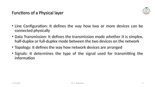 Dr. G. Rajeswari 9
Functions of a Physical layer
• Line Configuration: It defines the way how two or more devices can be
connected physically
• Data Transmission: It defines the transmission mode whether it is simplex,
half-duplex or full-duplex mode between the two devices on the network
• Topology: It defines the way how network devices are arranged
• Signals: It determines the type of the signal used for transmitting the
information
7/14/2024
 