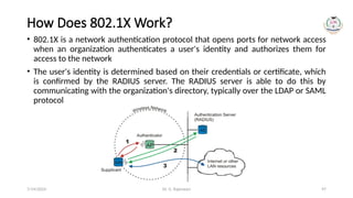 Dr. G. Rajeswari 97
How Does 802.1X Work?
• 802.1X is a network authentication protocol that opens ports for network access
when an organization authenticates a user's identity and authorizes them for
access to the network
• The user's identity is determined based on their credentials or certificate, which
is confirmed by the RADIUS server. The RADIUS server is able to do this by
communicating with the organization's directory, typically over the LDAP or SAML
protocol
7/14/2024
 