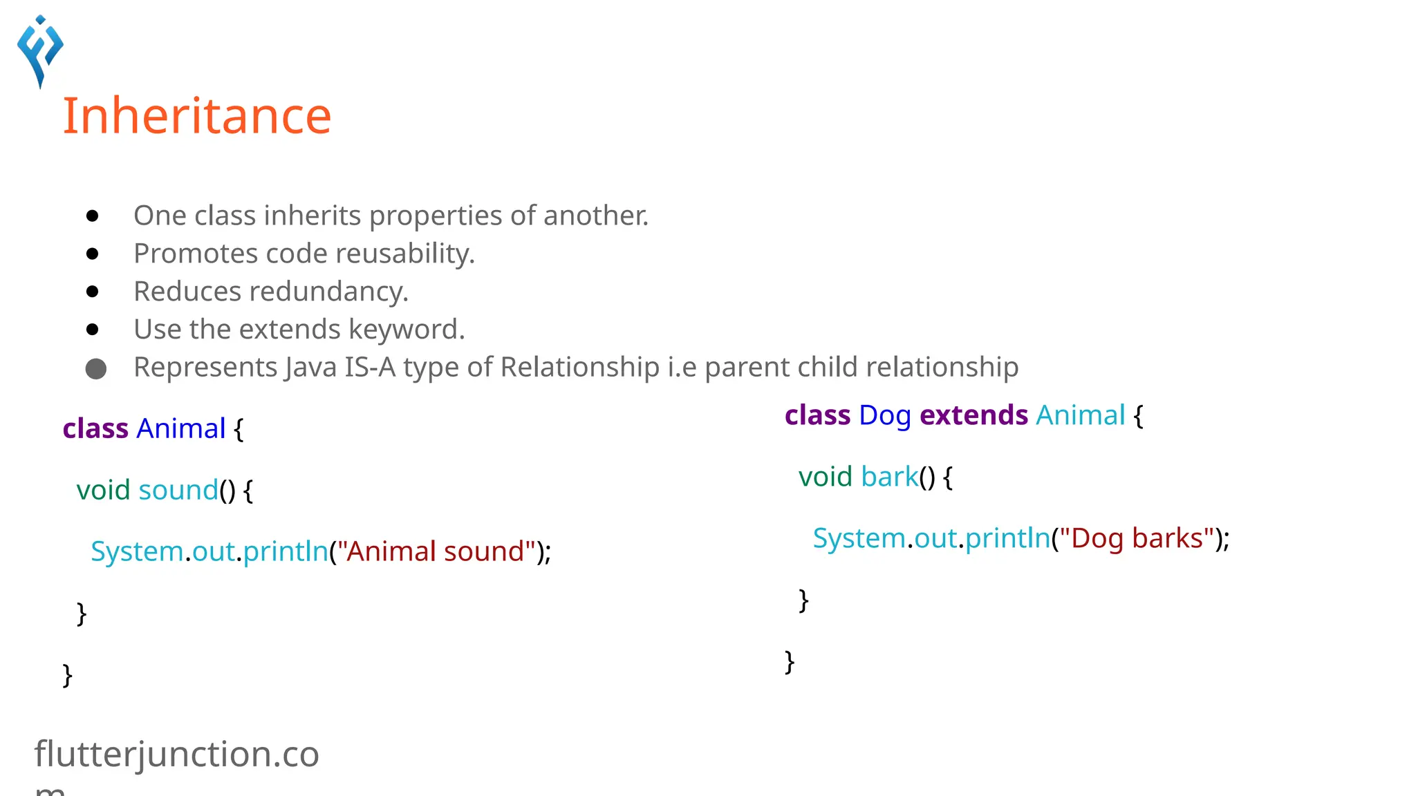 flutterjunction.co
Inheritance
● One class inherits properties of another.
● Promotes code reusability.
● Reduces redundancy.
● Use the extends keyword.
● Represents Java IS-A type of Relationship i.e parent child relationship
class Animal {
void sound() {
System.out.println("Animal sound");
}
}
class Dog extends Animal {
void bark() {
System.out.println("Dog barks");
}
}
 