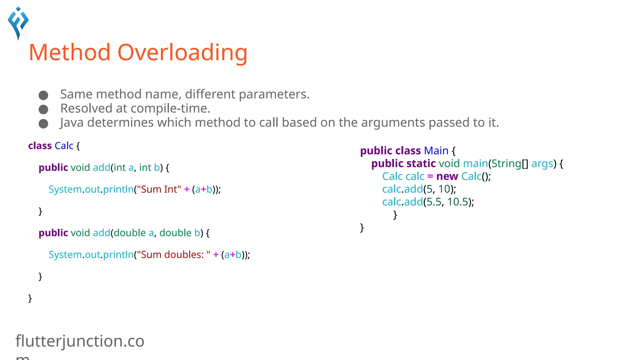 flutterjunction.co
Method Overloading
● Same method name, different parameters.
● Resolved at compile-time.
● Java determines which method to call based on the arguments passed to it.
class Calc {
public void add(int a, int b) {
System.out.println("Sum Int" + (a+b));
}
public void add(double a, double b) {
System.out.println("Sum doubles: " + (a+b));
}
}
public class Main {
public static void main(String[] args) {
Calc calc = new Calc();
calc.add(5, 10);
calc.add(5.5, 10.5);
}
}
 