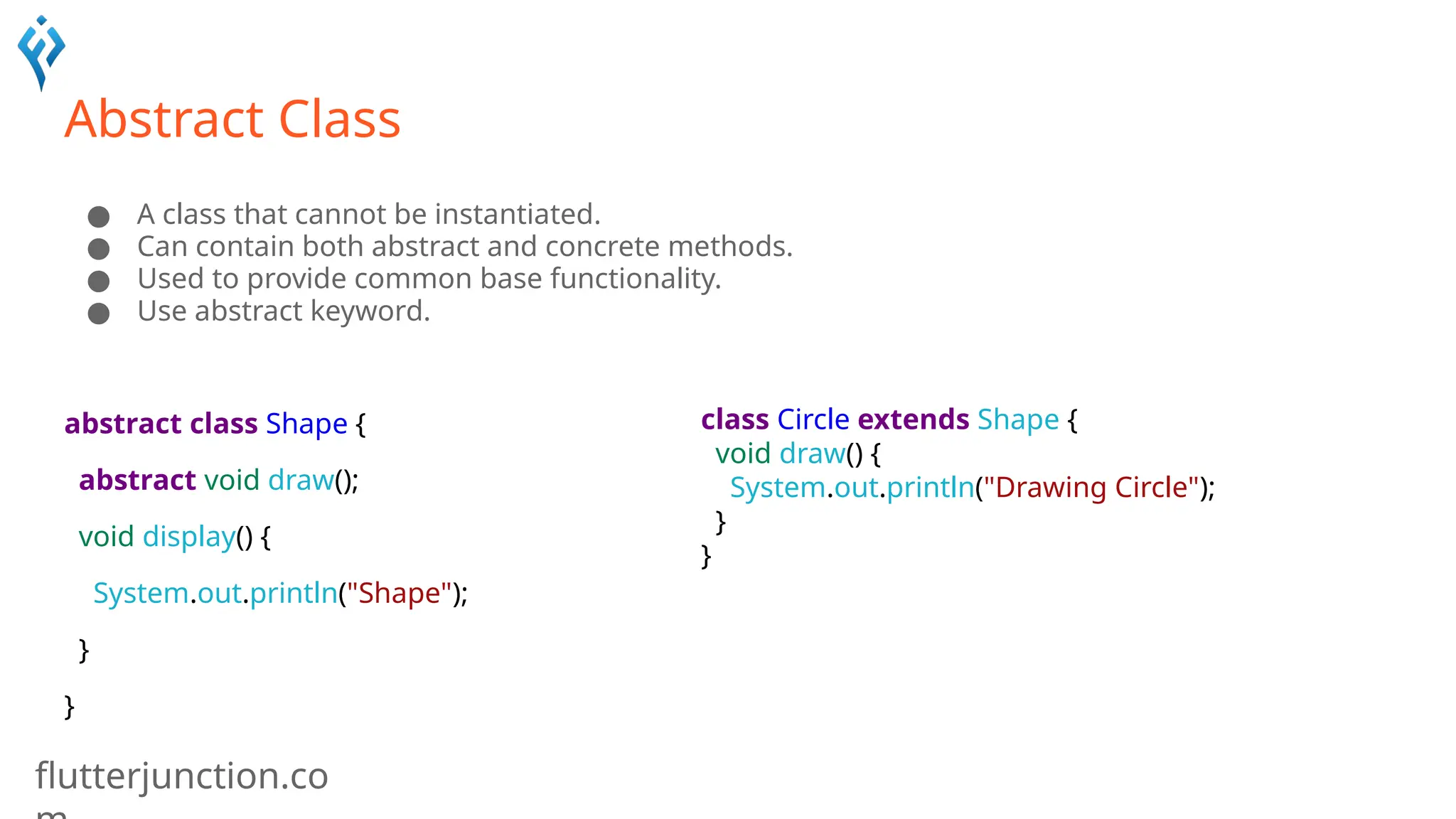 flutterjunction.co
Abstract Class
● A class that cannot be instantiated.
● Can contain both abstract and concrete methods.
● Used to provide common base functionality.
● Use abstract keyword.
abstract class Shape {
abstract void draw();
void display() {
System.out.println("Shape");
}
}
class Circle extends Shape {
void draw() {
System.out.println("Drawing Circle");
}
}
 