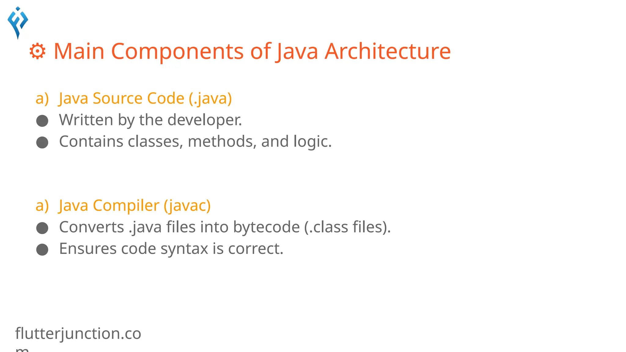 flutterjunction.co
⚙️Main Components of Java Architecture
a) Java Source Code (.java)
● Written by the developer.
● Contains classes, methods, and logic.
a) Java Compiler (javac)
● Converts .java files into bytecode (.class files).
● Ensures code syntax is correct.
 