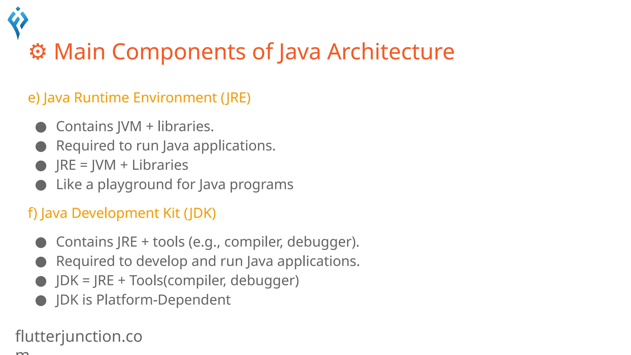 flutterjunction.co
⚙️Main Components of Java Architecture
e) Java Runtime Environment (JRE)
● Contains JVM + libraries.
● Required to run Java applications.
● JRE = JVM + Libraries
● Like a playground for Java programs
f) Java Development Kit (JDK)
● Contains JRE + tools (e.g., compiler, debugger).
● Required to develop and run Java applications.
● JDK = JRE + Tools(compiler, debugger)
● JDK is Platform-Dependent
 