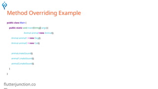 flutterjunction.co
Method Overriding Example
public class Main {
public static void main(String[] args) {
Animal animal=new Animal();
Animal animal1 = new Dog();
Animal animal2 = new Cat();
animal.makeSound();
animal1.makeSound();
animal2.makeSound();
}
}
 