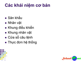 Các khái niệm cơ bản
 Sân khấu
 Nhân vật
 Khung điều khiển
 Khung nhân vật
 Cửa sổ câu lệnh
 Thực đơn hệ thống
 
