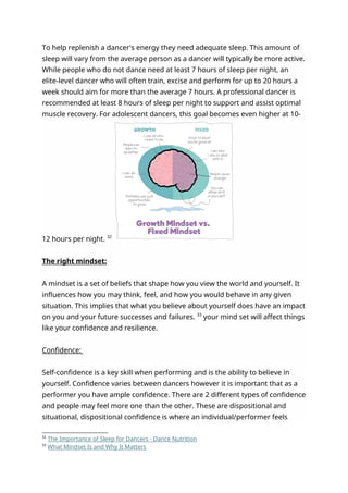 To help replenish a dancer's energy they need adequate sleep. This amount of
sleep will vary from the average person as a dancer will typically be more active.
While people who do not dance need at least 7 hours of sleep per night, an
elite-level dancer who will often train, excise and perform for up to 20 hours a
week should aim for more than the average 7 hours. A professional dancer is
recommended at least 8 hours of sleep per night to support and assist optimal
muscle recovery. For adolescent dancers, this goal becomes even higher at 10-
12 hours per night. 32
The right mindset:
A mindset is a set of beliefs that shape how you view the world and yourself. It
influences how you may think, feel, and how you would behave in any given
situation. This implies that what you believe about yourself does have an impact
on you and your future successes and failures. 33
your mind set will affect things
like your confidence and resilience.
Confidence:
Self-confidence is a key skill when performing and is the ability to believe in
yourself. Confidence varies between dancers however it is important that as a
performer you have ample confidence. There are 2 different types of confidence
and people may feel more one than the other. These are dispositional and
situational, dispositional confidence is where an individual/performer feels
32
The Importance of Sleep for Dancers - Dance Nutrition
33
What Mindset Is and Why It Matters
 
