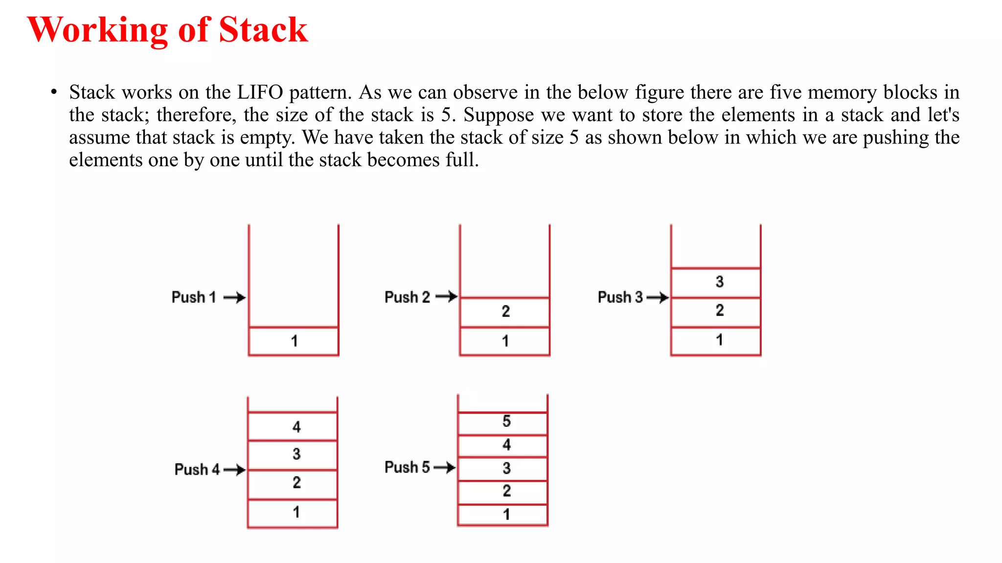 Working of Stack
• Stack works on the LIFO pattern. As we can observe in the below figure there are five memory blocks in
the stack; therefore, the size of the stack is 5. Suppose we want to store the elements in a stack and let's
assume that stack is empty. We have taken the stack of size 5 as shown below in which we are pushing the
elements one by one until the stack becomes full.
 