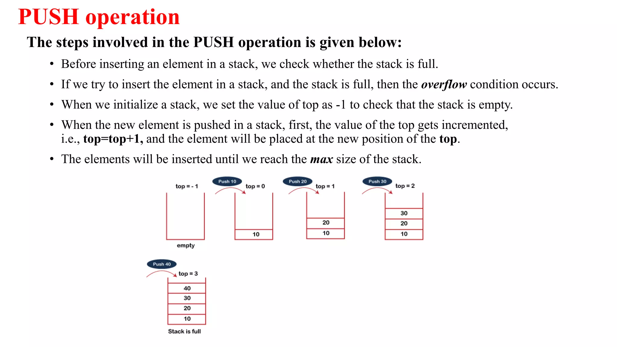 PUSH operation
The steps involved in the PUSH operation is given below:
• Before inserting an element in a stack, we check whether the stack is full.
• If we try to insert the element in a stack, and the stack is full, then the overflow condition occurs.
• When we initialize a stack, we set the value of top as -1 to check that the stack is empty.
• When the new element is pushed in a stack, first, the value of the top gets incremented,
i.e., top=top+1, and the element will be placed at the new position of the top.
• The elements will be inserted until we reach the max size of the stack.
 