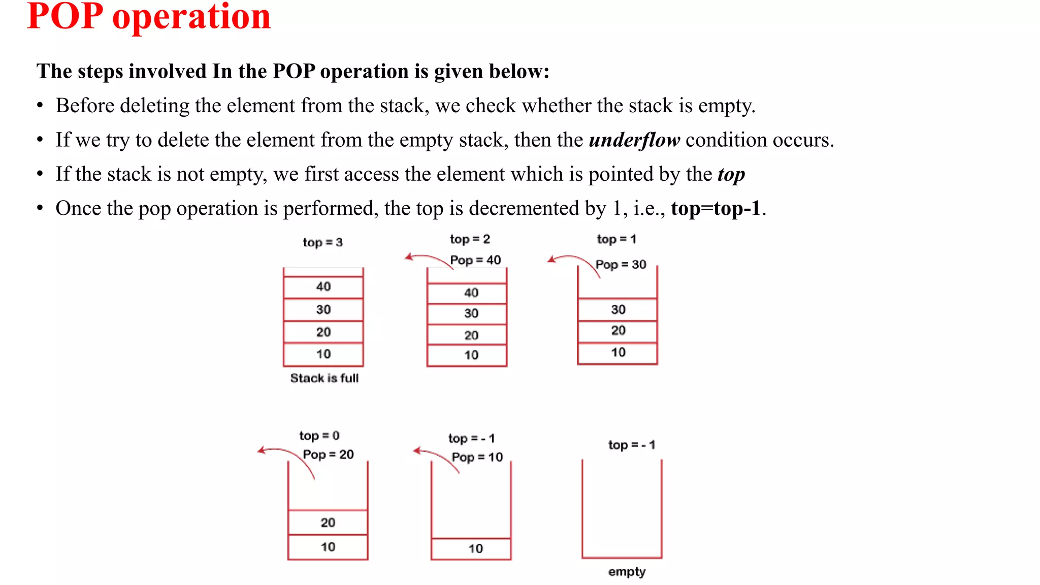 POP operation
The steps involved In the POP operation is given below:
• Before deleting the element from the stack, we check whether the stack is empty.
• If we try to delete the element from the empty stack, then the underflow condition occurs.
• If the stack is not empty, we first access the element which is pointed by the top
• Once the pop operation is performed, the top is decremented by 1, i.e., top=top-1.
 