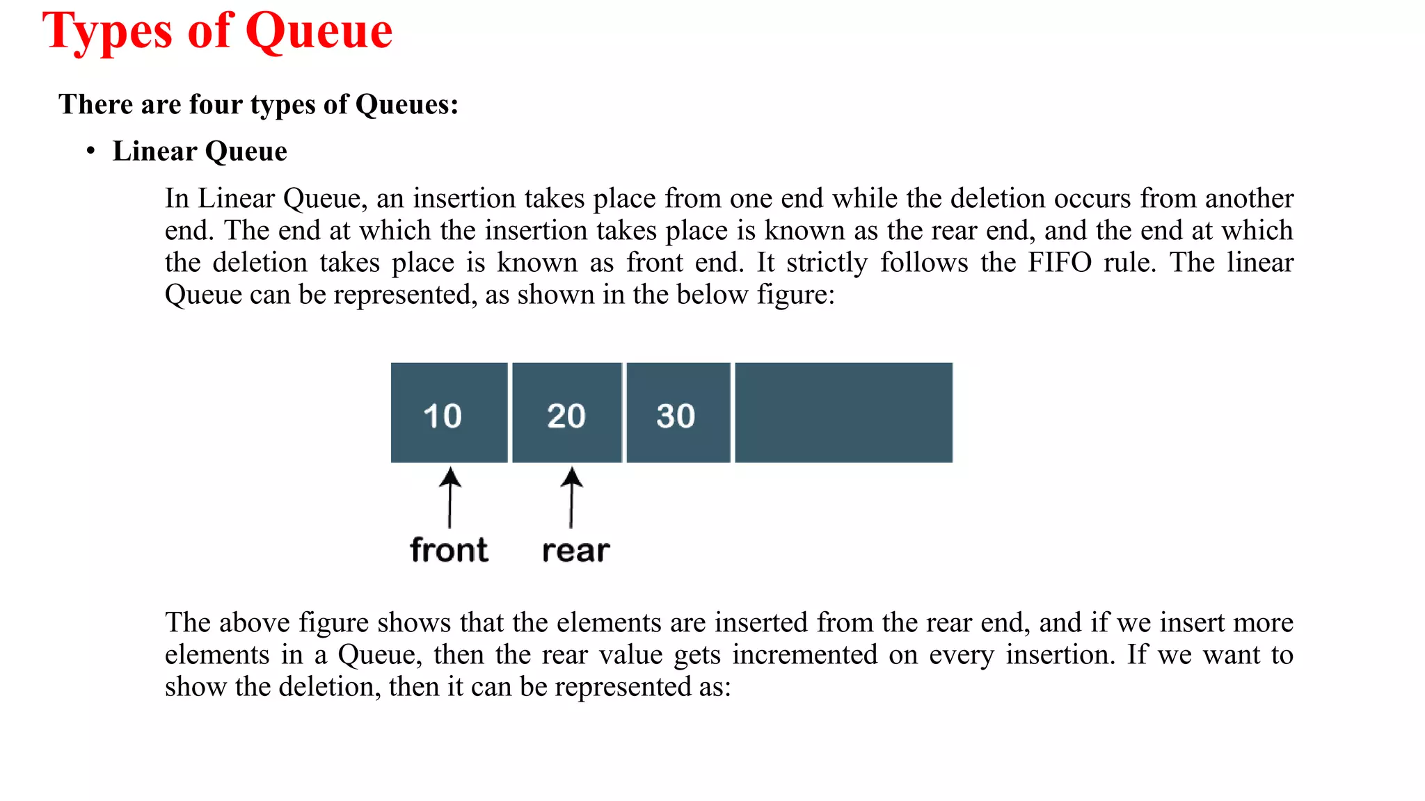Types of Queue
There are four types of Queues:
• Linear Queue
In Linear Queue, an insertion takes place from one end while the deletion occurs from another
end. The end at which the insertion takes place is known as the rear end, and the end at which
the deletion takes place is known as front end. It strictly follows the FIFO rule. The linear
Queue can be represented, as shown in the below figure:
The above figure shows that the elements are inserted from the rear end, and if we insert more
elements in a Queue, then the rear value gets incremented on every insertion. If we want to
show the deletion, then it can be represented as:
 
