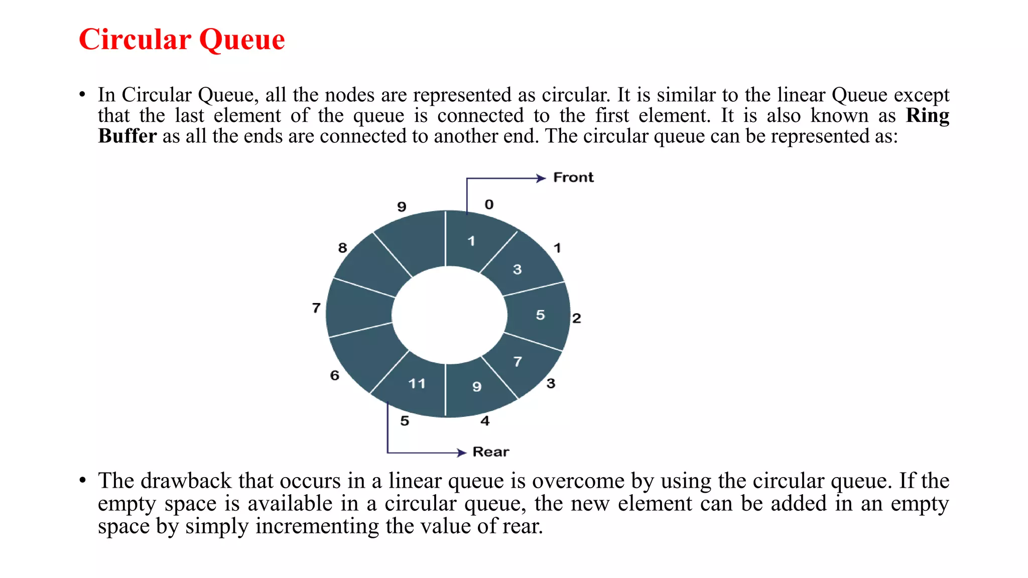 Circular Queue
• In Circular Queue, all the nodes are represented as circular. It is similar to the linear Queue except
that the last element of the queue is connected to the first element. It is also known as Ring
Buffer as all the ends are connected to another end. The circular queue can be represented as:
• The drawback that occurs in a linear queue is overcome by using the circular queue. If the
empty space is available in a circular queue, the new element can be added in an empty
space by simply incrementing the value of rear.
 