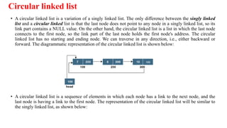 Circular linked list
• A circular linked list is a variation of a singly linked list. The only difference between the singly linked
list and a circular linked list is that the last node does not point to any node in a singly linked list, so its
link part contains a NULL value. On the other hand, the circular linked list is a list in which the last node
connects to the first node, so the link part of the last node holds the first node's address. The circular
linked list has no starting and ending node. We can traverse in any direction, i.e., either backward or
forward. The diagrammatic representation of the circular linked list is shown below:
• A circular linked list is a sequence of elements in which each node has a link to the next node, and the
last node is having a link to the first node. The representation of the circular linked list will be similar to
the singly linked list, as shown below:
 