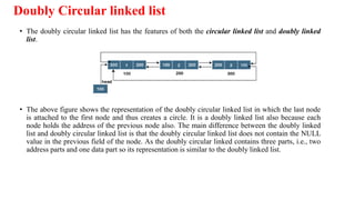 Doubly Circular linked list
• The doubly circular linked list has the features of both the circular linked list and doubly linked
list.
• The above figure shows the representation of the doubly circular linked list in which the last node
is attached to the first node and thus creates a circle. It is a doubly linked list also because each
node holds the address of the previous node also. The main difference between the doubly linked
list and doubly circular linked list is that the doubly circular linked list does not contain the NULL
value in the previous field of the node. As the doubly circular linked contains three parts, i.e., two
address parts and one data part so its representation is similar to the doubly linked list.
 