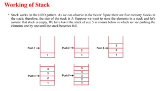 Working of Stack
• Stack works on the LIFO pattern. As we can observe in the below figure there are five memory blocks in
the stack; therefore, the size of the stack is 5. Suppose we want to store the elements in a stack and let's
assume that stack is empty. We have taken the stack of size 5 as shown below in which we are pushing the
elements one by one until the stack becomes full.
 