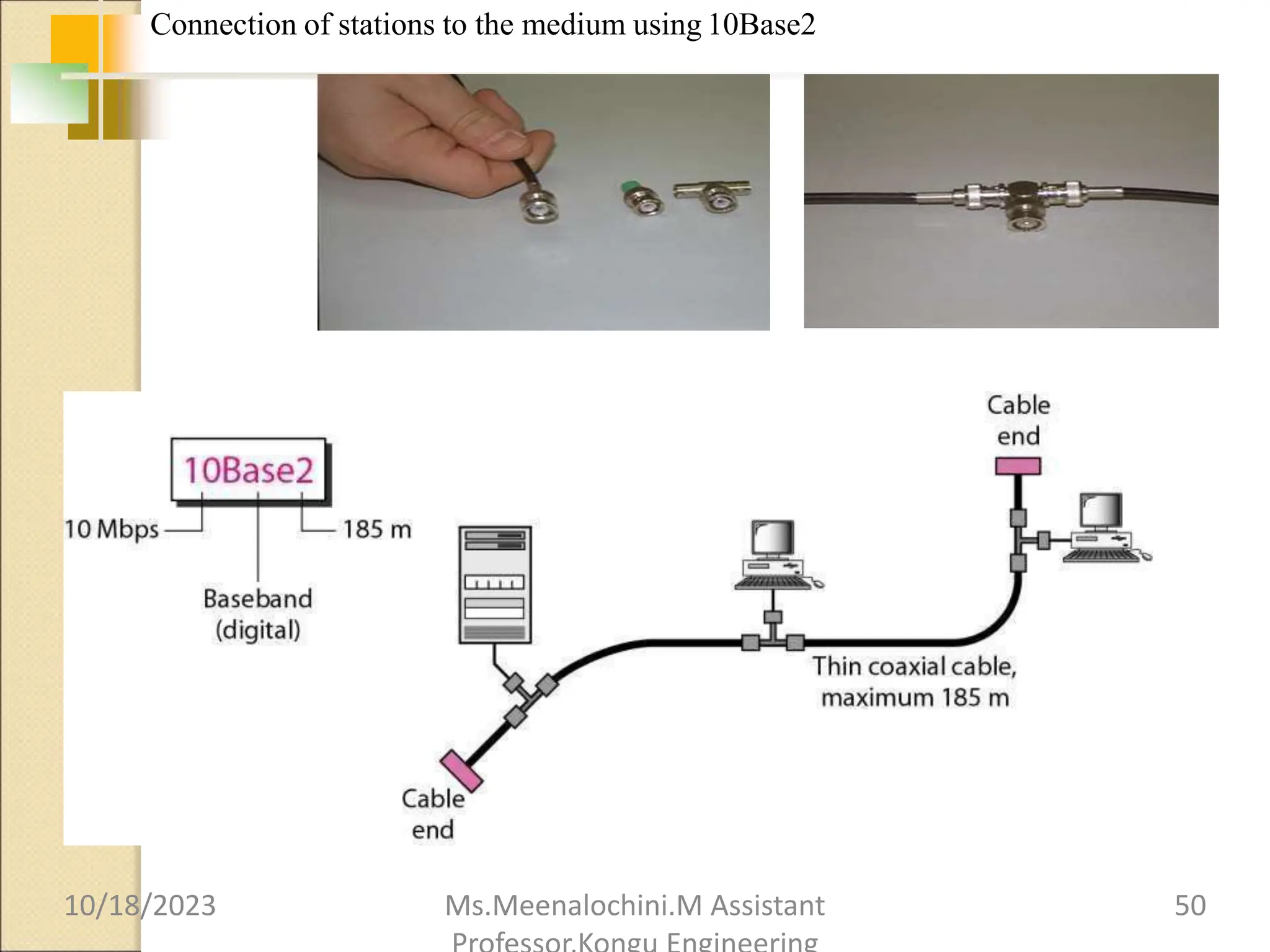 Connection of stations to the medium using 10Base2
10/18/2023 Ms.Meenalochini.M Assistant 50
 