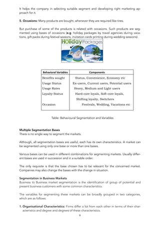 It helps the company in selecting suitable segment and developing right marketing ap-
proach for it.
5. Occasions: Many products are bought, whenever they are required like tires.
But purchase of some of the products is related with occasions. Such products are seg-
mented using bases of occasions (e.g. holiday packages by travel agencies during vaca-
tions, gift packs during festival seasons, invitation cards printing during wedding sessions).
!
Table: Behavioural Segmentation and Variables
Multiple Segmentation Bases
There is no single way to segment the markets.
Although, all segmentation bases are useful, each has its own characteristics. A market can
be segmented using only one base or more than one bases.
Various bases can be used in different combinations for segmenting markets. Usually differ-
ent bases are used in succession and in a suitable order.
The only requisite is that the base chosen has to be relevant for the concerned market.
Companies may also change the bases with the change in situation.
Segmentation in Business Markets
Business to Business market segmentation is the identification of group of potential and
present business customers with some common characteristics.
The variables for segmenting these markets can be broadly grouped in two categories,
which are as follows:
1. Organisational Characteristics: Firms differ a lot from each other in terms of their char-
acteristics and degree and degrees of these characteristics.
9
	Behavioral	Variables																																Components	
Benefits sought Status, Convenience, Economy etc
Usage Status Ex-users, Current users, Potential users
Usage Rates Heavy, Medium and Light users
Loyalty Status Hard-core loyals, Soft-core loyals,
Shifting loyalty, Switchers
Occasion Festivals, Wedding, Vacations etc
 